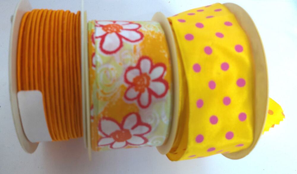 Vintage Orange Psychedelic Daisy Floral Polka Dot Cord Ribbon Rolls Set of 3